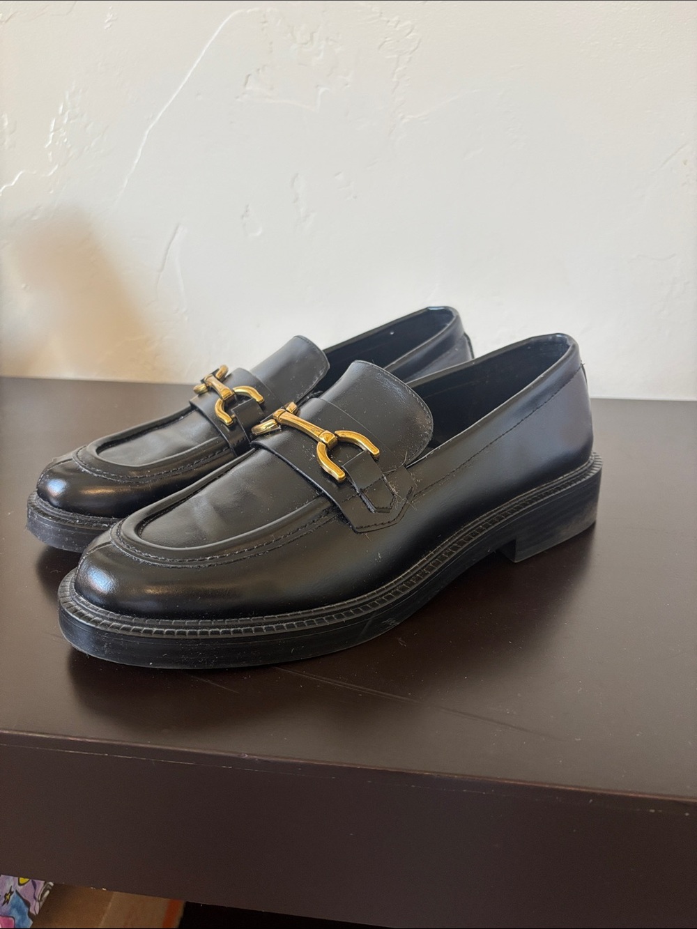 Zara Black Leather Loafers with Gold Bit Hardware